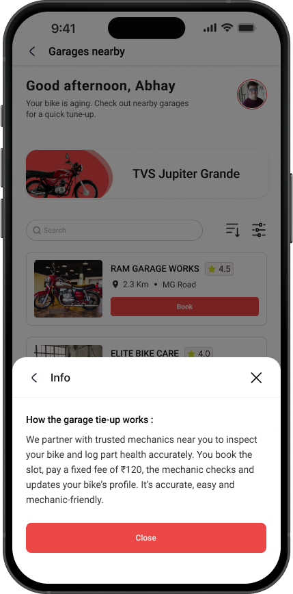 Book a garage nearby and get your motorcycle set up